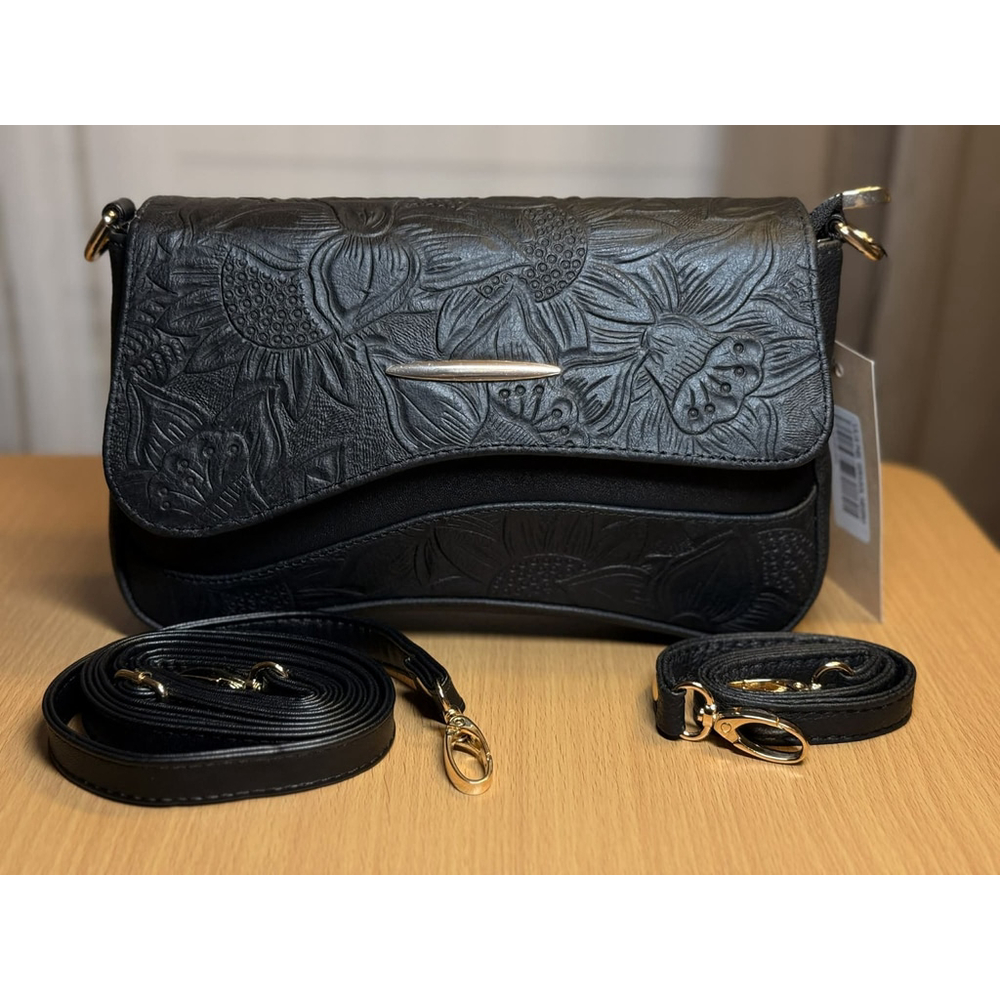 2 Straps Set Black Embossed Tooled Artisan LEATHER Shoulder Bag Crossbody Purse - Picture 4 of 15